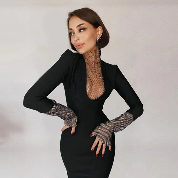 Black High Neck Long Sleeve Rhinestone Midi Bandage Dress Rumor Apparel