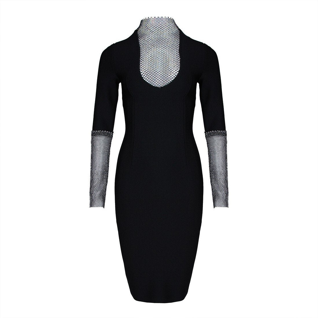 Black High Neck Long Sleeve Rhinestone Midi Bandage Dress | Rumor Apparel