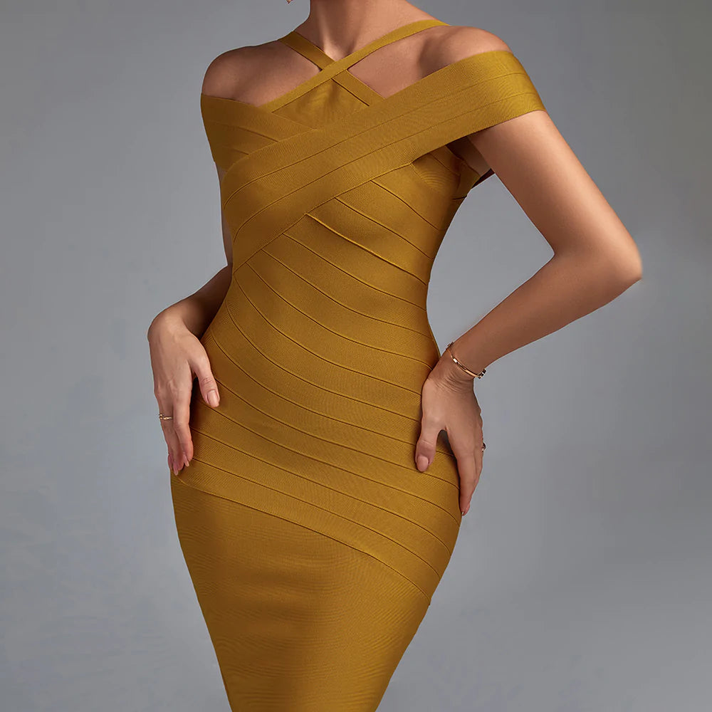 Mustard Yellow Strappy Off Shoulder Sleeve Mini Bandage Dress Rumor Apparel