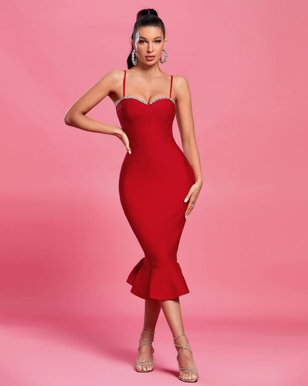 Red Strappy Crystal Midi Fishtail Bandage Dress Rumor Apparel